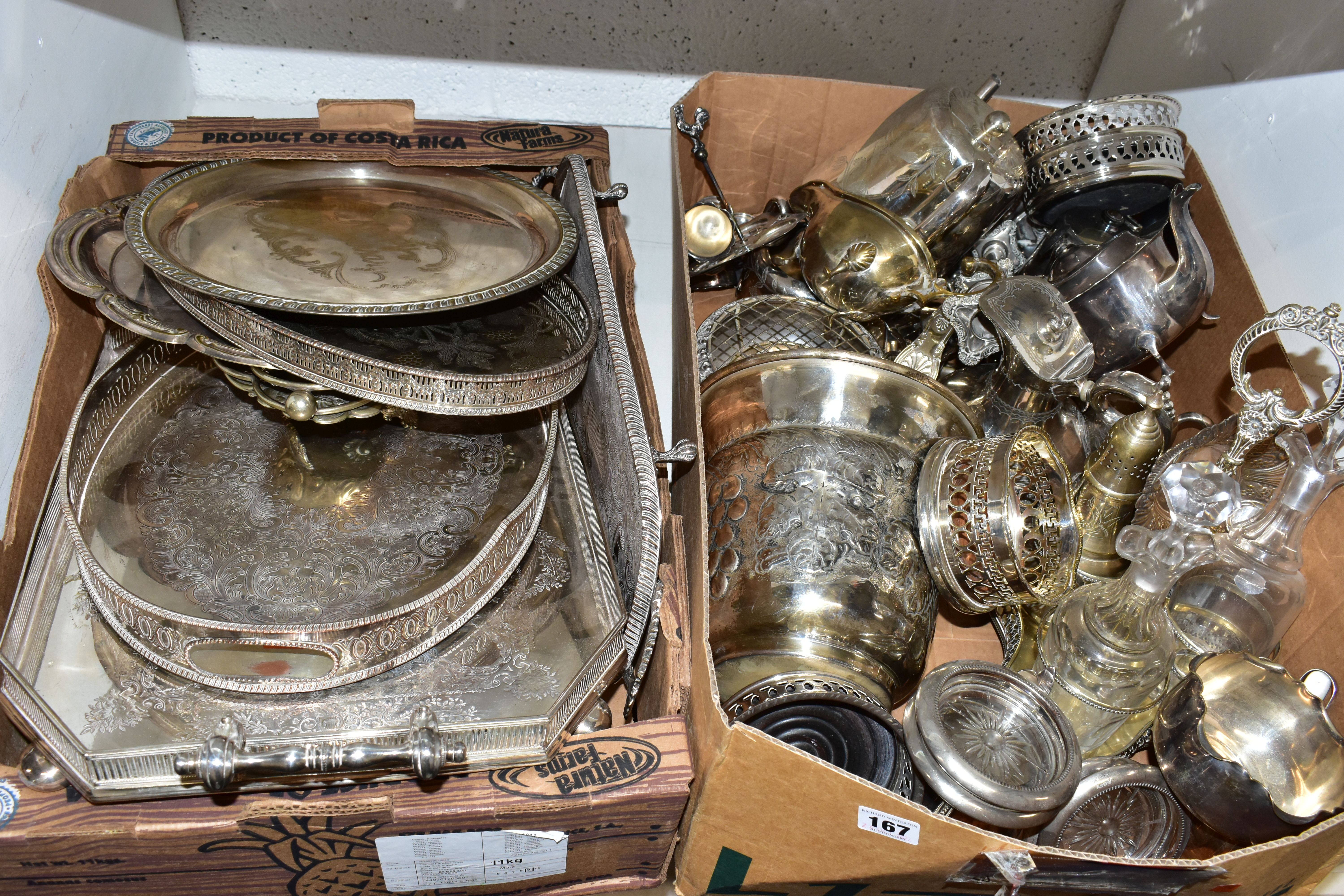 TWO BOXES OF ASSORTED WHITE METAL TABLEWARE, to include a selection of white metal and plated