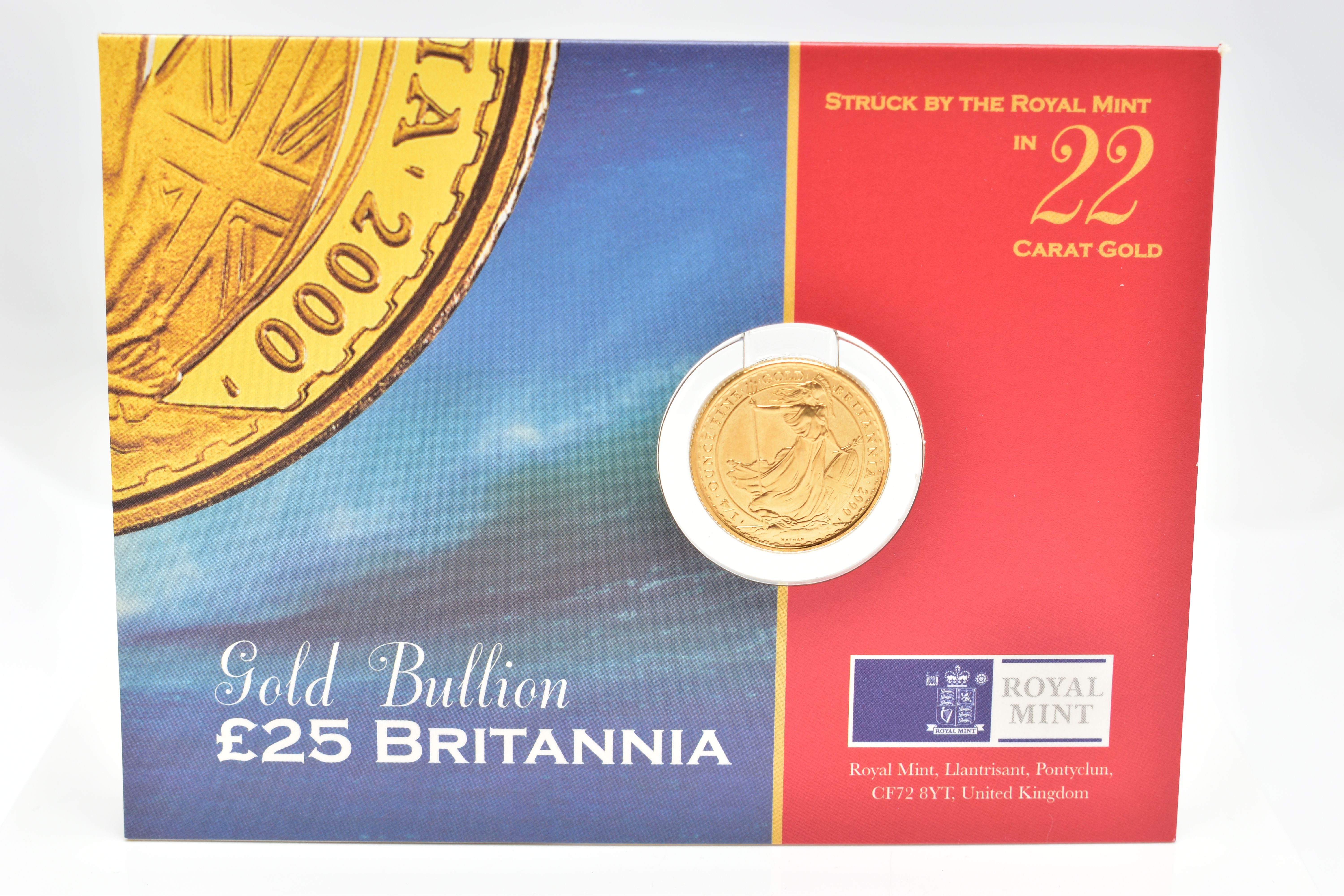 A ROYAL MINT 2000 CARDED GOLD BULLION £25 BRITANNIA COIN, 22.00mm, 8.513 grams, issue limit 50,000
