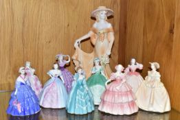 A COALPORT FIGURINE AND NINE COALPORT MINUETTES FIGURINES, comprising Coalport Ladies of Fashion