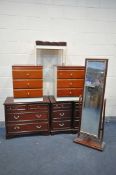 SEVEN ITEMS OF MODERN AND MID CENTURY BEDROOM FURNITURE including a mahogany coloured cheval mirror,