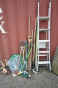 A COLLECTION OF GARDEN TOOLS and two Aluminum step ladders