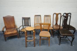 A SELECTION OF CHAIRS, to include three mahogany queen back chairs, a brown leather elbow chair, a
