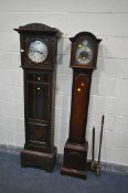 AN 20TH CENTURY OAK LONGCASE CLOCK, with a silvered dial, height 182cm (locked trunk door) and a