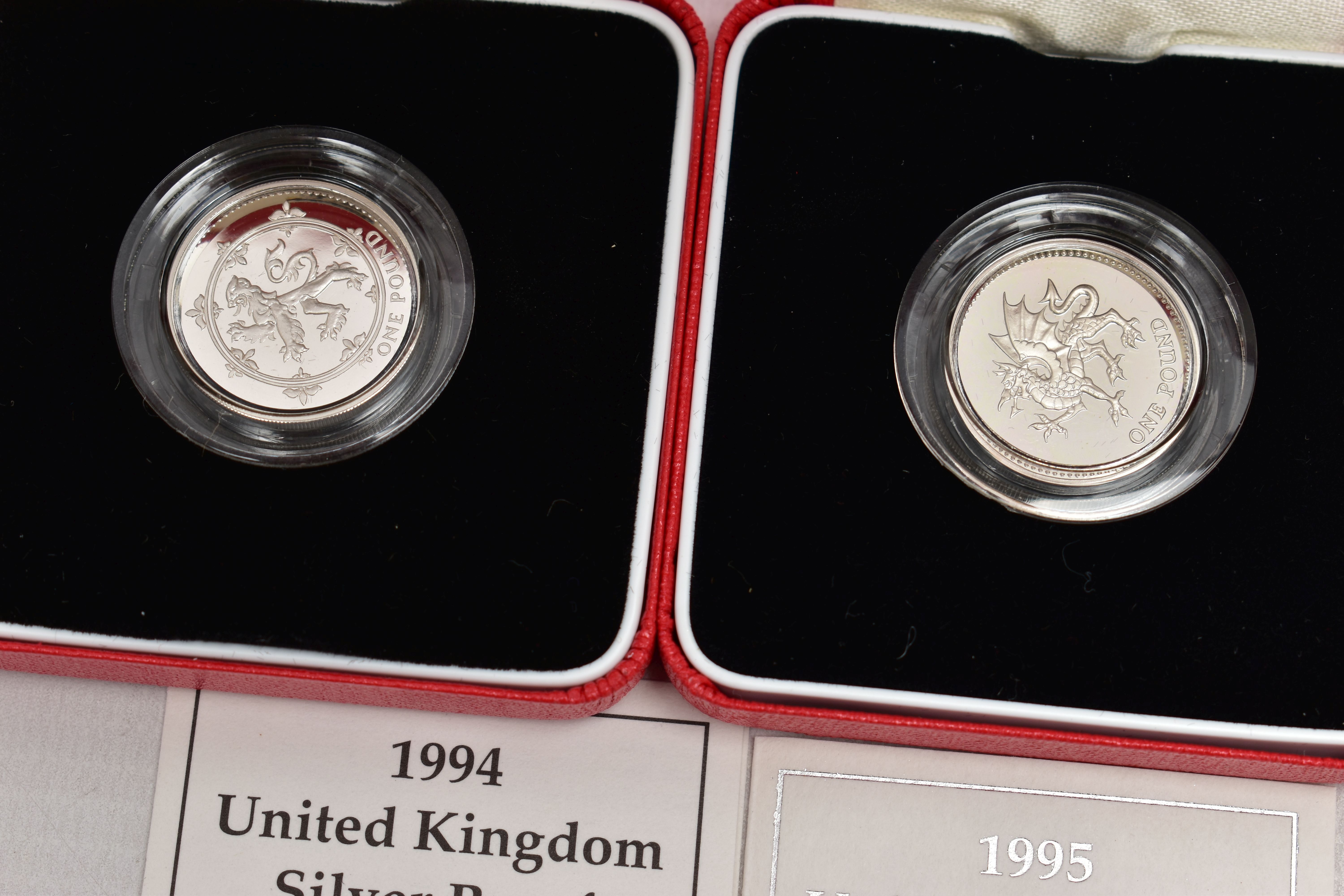 SILVER PIEDFORT PROOF ROYAL MINT ONE POUND COINS 1993, 1994, 1995, all with cetificates - Image 2 of 3