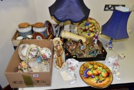 THREE BOXES AND LOOSE CERAMICS, LAMPS AND SUNDRY ITEMS, to include a pair of Royal Worcester