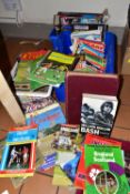 THREE TUBS OF MAGAZINES AND BOOKS, to include assorted football programmes, selected years from 1956