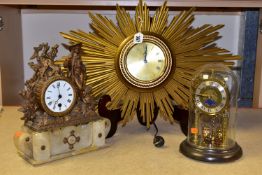 THREE CLOCKS, to include an electric Metamec gold sunburst style wall clock, width 57cm x height