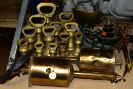 A GROUP OF WEIGHTS, SCALES AND ROASTING JACKS, comprising thirteen brass bell weights, largest