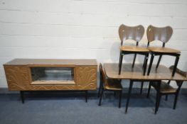 A MID CENTURY FORMICA DROP LEAF DINING TABLE, open length 135cm x closed length 60cm x depth 77cm