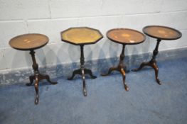 A PAIR OF MAHOGANY WINE TABLE with a central fan inlay, along with an octagonal leather top wine