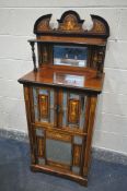 A 19TH CENTURY ROSEWOOD AND MARQUETRY INLAID MUSIC CABINET, incorporating a raised back with a