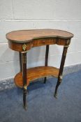 A 20TH CENTURY FRENCH WALNUT AND KINGWOOD KIDNEY SIDE TABLE, with a brass border and mounts,