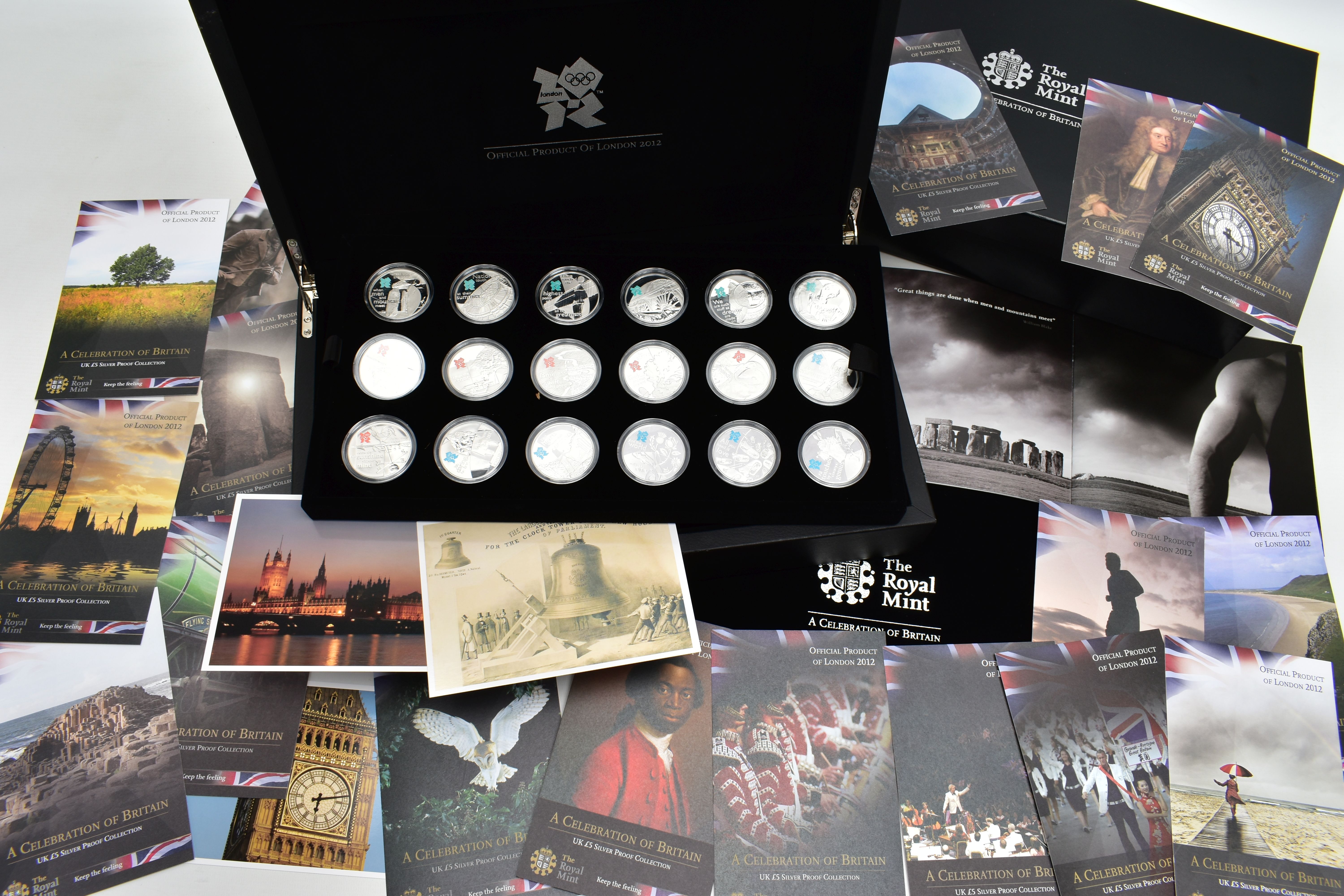 A CASED DISPLAY BY THE ROYAL MINT (A Celebration of Britain) 18 Silver proof series coins for the