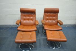 A PAIR OF EARLY EKORNES STRESSLESS ALPHA CHAIRS with light brown leather upholstery, chromed tubular