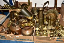 THREE BOXES AND LOOSE BRASS AND COPPER WARES, to include a copper foot warmer, five copper