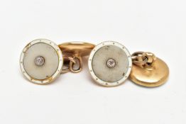 A PAIR OF FRENCH 18CT GOLD, DIAMOND AND ENAMEL CUFFLINKS, AF missing one diamond, each fitted with