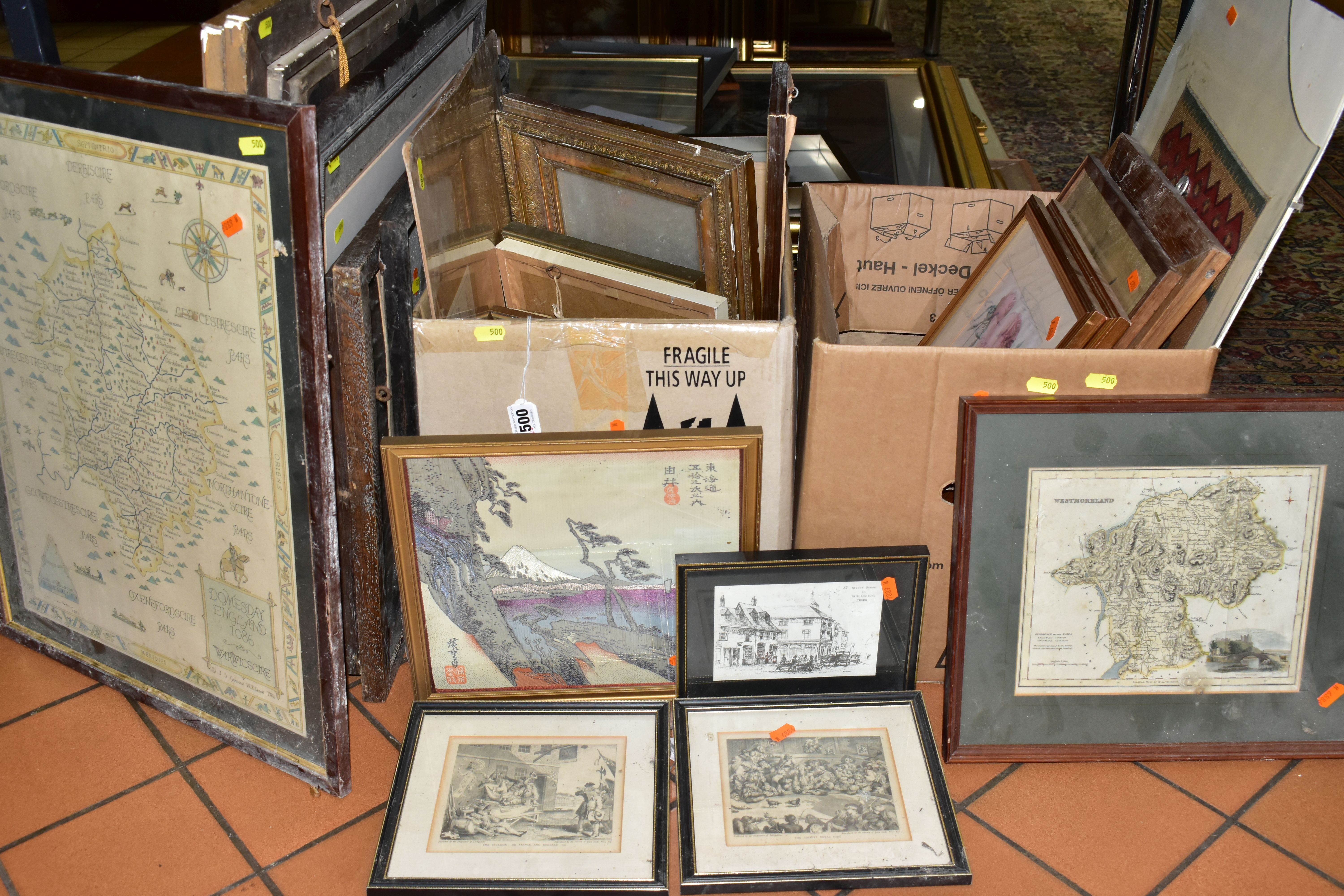 TWO BOXES AND LOOSE PICTURES AND PRINTS, to include a distressed late Victorian or Early Edwardian