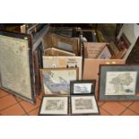 TWO BOXES AND LOOSE PICTURES AND PRINTS, to include a distressed late Victorian or Early Edwardian