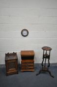 A MAHOGANY WIG STAND with two drawers, along with an Edwardian fall front purdonium, a yew wood