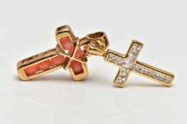 TWO YELLOW METAL GEM SET CROSS PENDANTS, to include a cross pendant set with coral beads and a cross