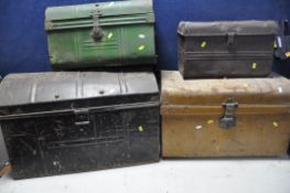 FOUR TIN TRUNKS OF DIFFERENT SIZES