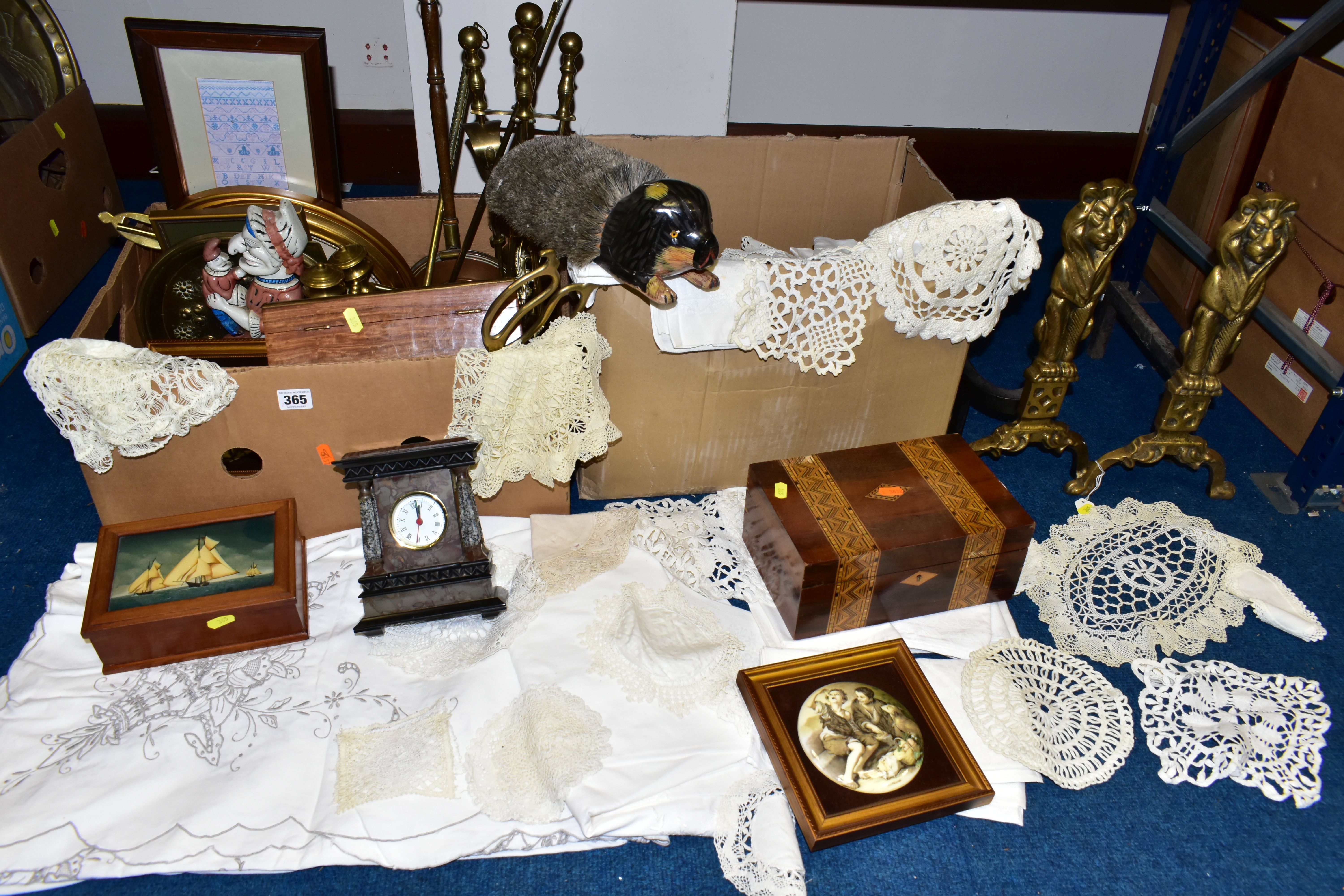 TWO BOXES AND LOOSE METALWARES, TREEN, TABLE LINEN, ETC, to include a large pair of brass fire