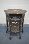 A LATE 19TH CENTURY HEXAGONAL MOORISH TABLE, blind fretwork carving throughout and inlaid with