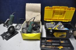 A BOSCH PWS5-115 ANGLE GRINDER with clamp stand, Bosch POF500A router in original box with