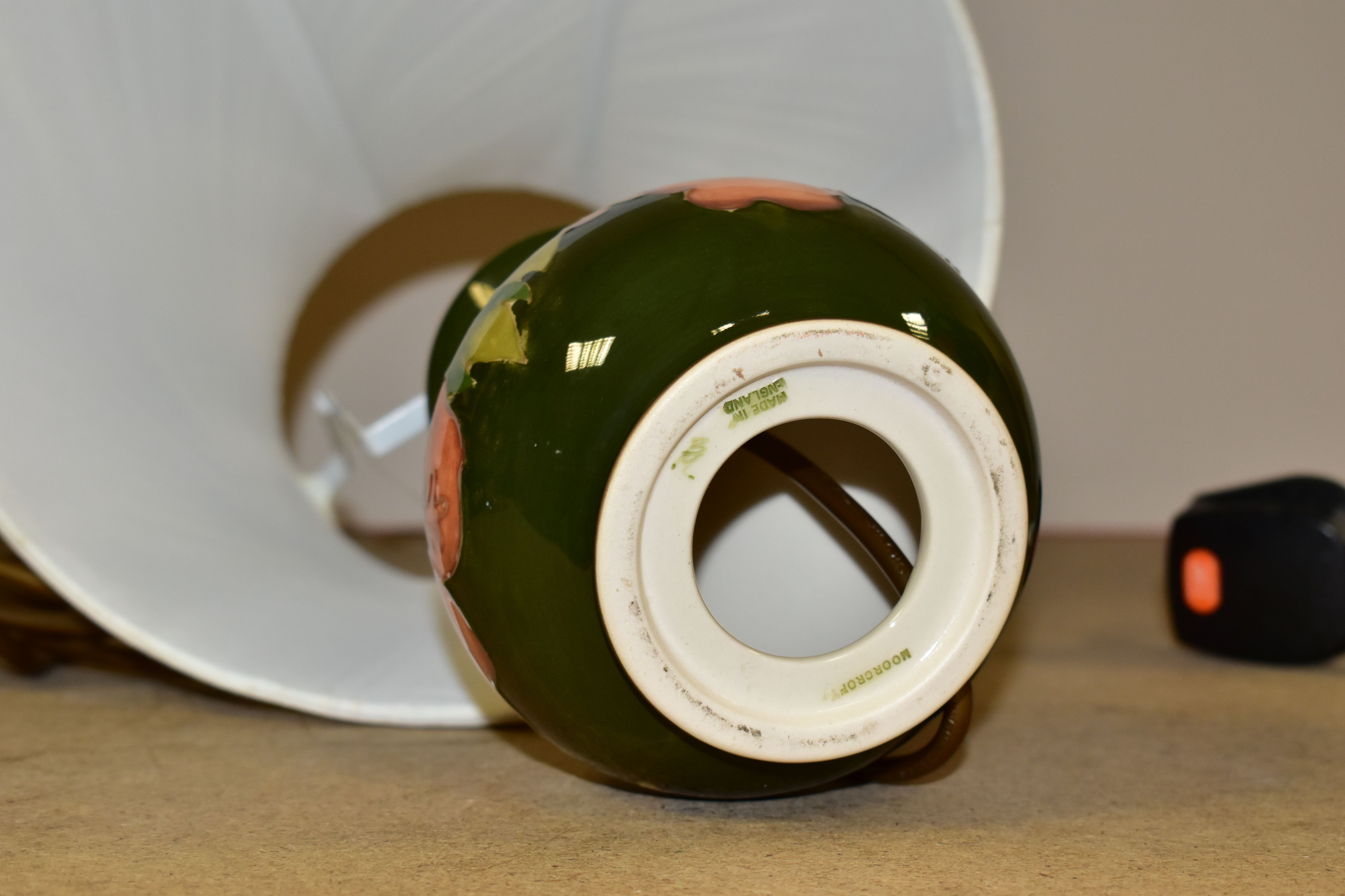 A MOORCROFT TABLE LAMP, decorated in the Coral Hibiscus pattern on a green ground with a cream - Image 3 of 4