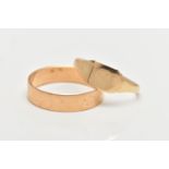 TWO YELLOW METAL RINGS, the first a signet ring, stamped 9ct, ring size P, the second a plain