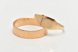 TWO YELLOW METAL RINGS, the first a signet ring, stamped 9ct, ring size P, the second a plain