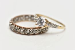 A 9CT GOLD CUBIC ZIRCONIA SET RING AND A FULL ETERNITY RING, the 9ct yellow gold ring set with a