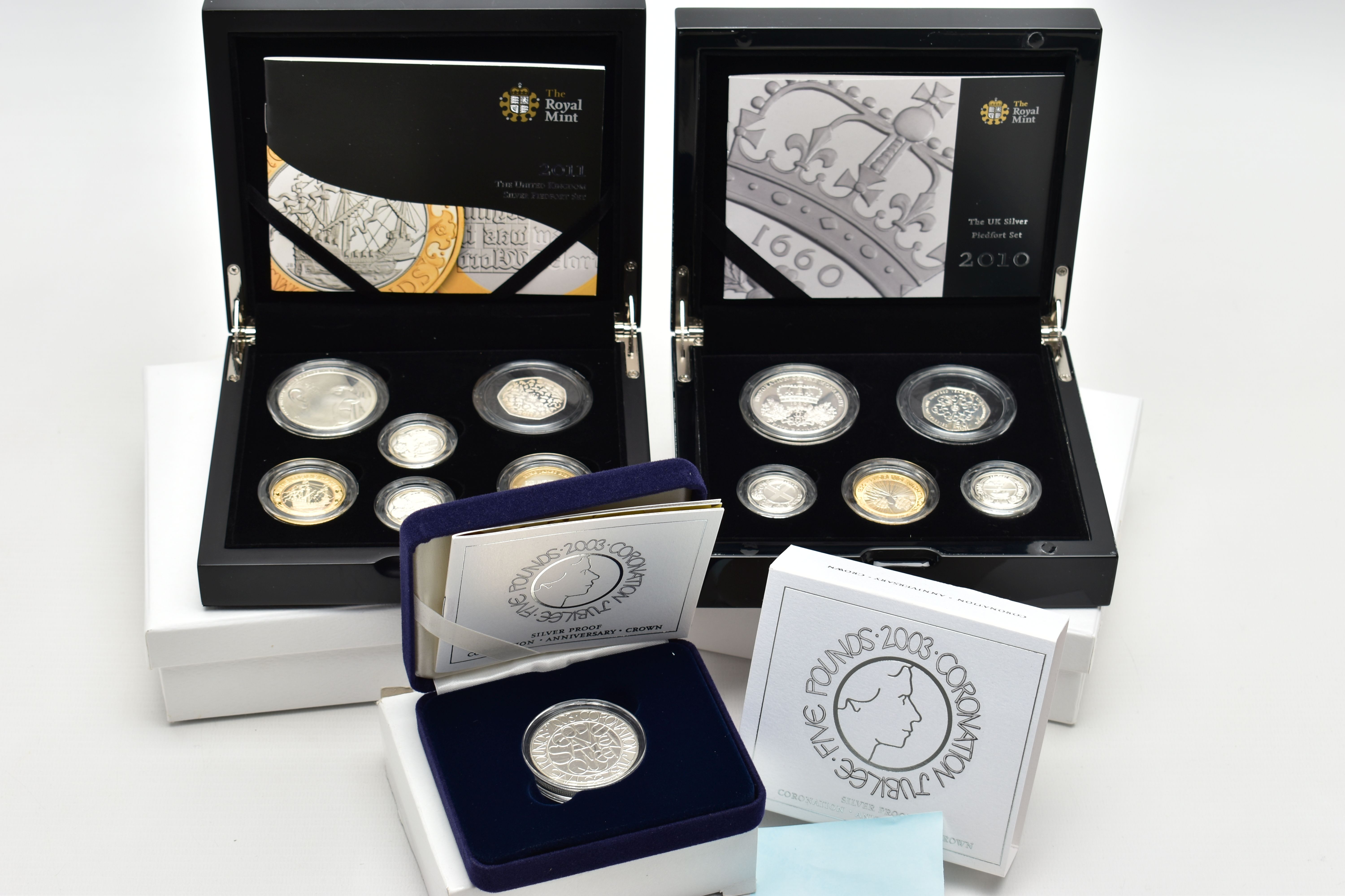 ROYAL MINT ELIZABETH II 2010, 2011, UK SILVER PROOF PIEDFORT COLLECTIONS, 2010 set is a £5 con