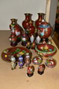 A COLLECTION OF MODERN CLOISONNÉ comprising four vases on wooden stands, a ginger jar, dish, bowl