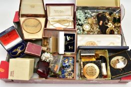 A BOX OF ASSORTED COSTUME JEWELLERY AND ITEMS, to include a white metal paste set spray brooch