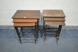 TWO EDWARDIAN NESTS OF THREE TABLES one constructed from mahogany with cross banded edges, turned