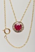 AN 18CT YELLOW GOLD GLASS FILLED RUBY AND DIAMOND CLUSTER PENDANT, WITH YELLOW METAL CHAIN, the