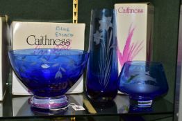 THREE PIECES OF BLUE CAITHNESS GLASS WARES, comprising a boxed footed bowl etched with fuchsias,