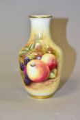 A 20TH CENTURY FRUIT PAINTED ROYAL WORCESTER VASE, of baluster form with an elongated neck,