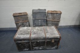 FOUR VINTAGE TRAVEL TRUNKS with wooden banding, three with brown covering, one with tray and one