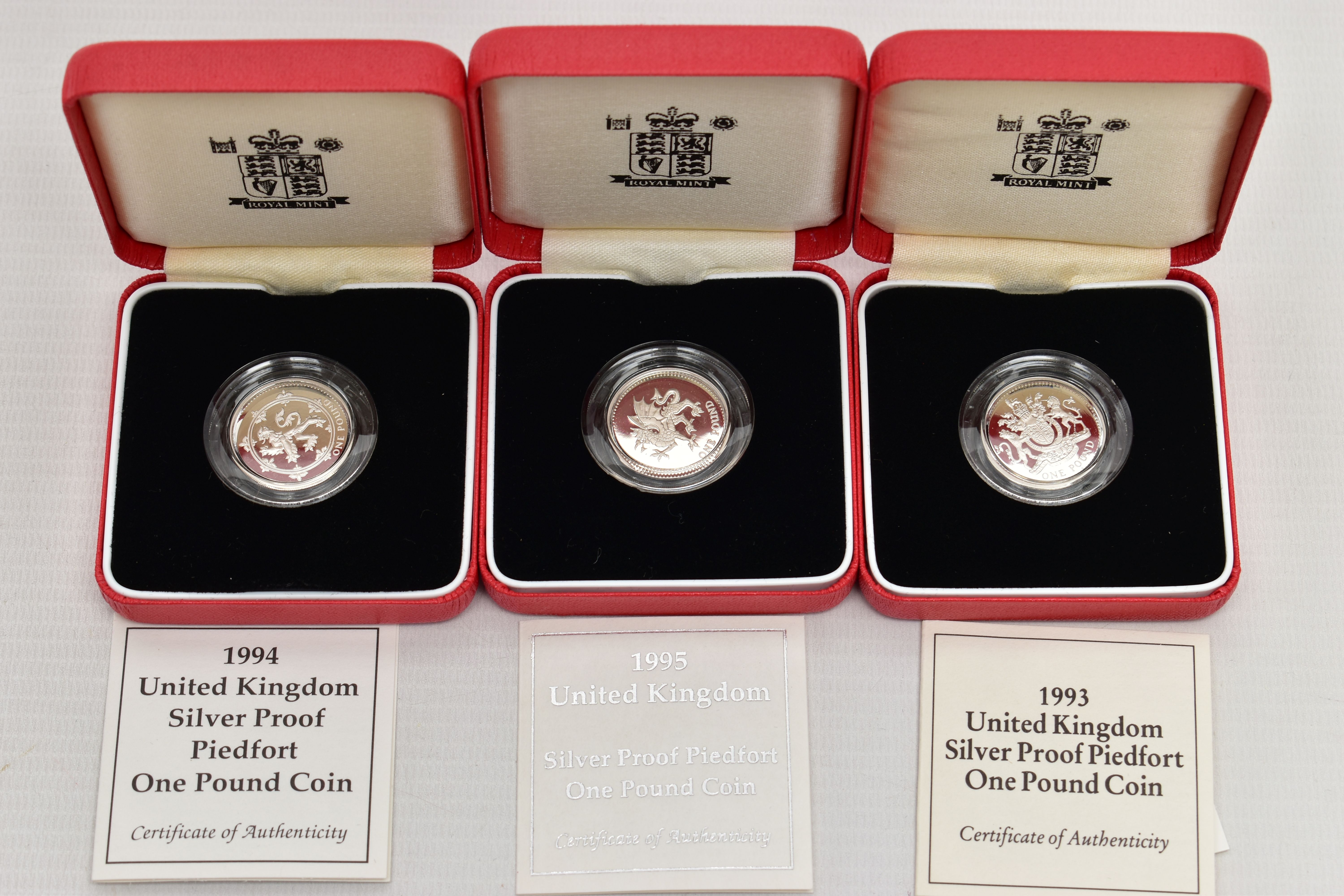 SILVER PIEDFORT PROOF ROYAL MINT ONE POUND COINS 1993, 1994, 1995, all with cetificates