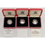 SILVER PIEDFORT PROOF ROYAL MINT ONE POUND COINS 1993, 1994, 1995, all with cetificates