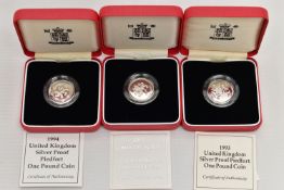 SILVER PIEDFORT PROOF ROYAL MINT ONE POUND COINS 1993, 1994, 1995, all with cetificates