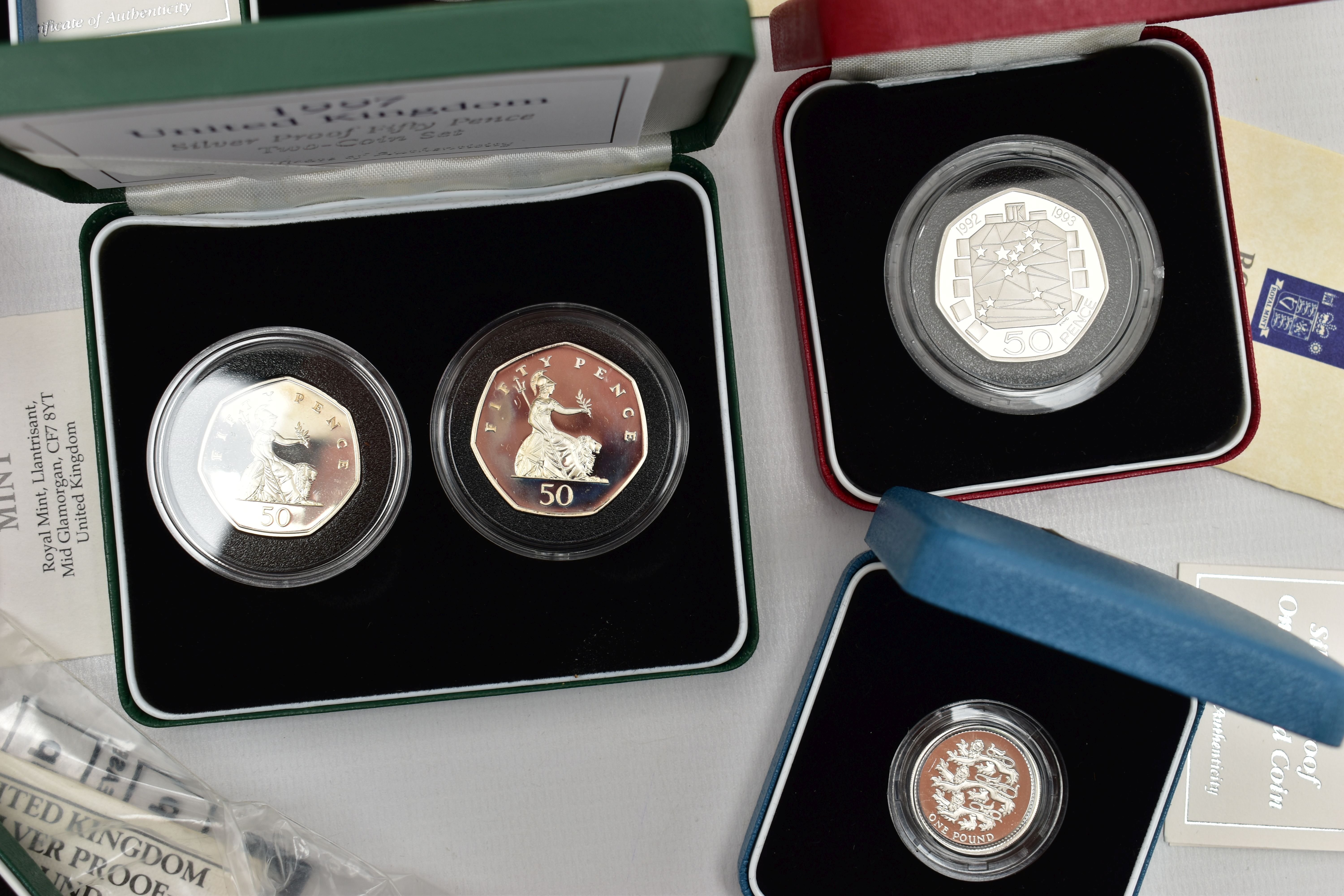 A GROUP OF ROYAL MINT SILVER PROOF UK BOXED COINS, to include a 1992-93 Silver proof Piedfort - Image 4 of 6