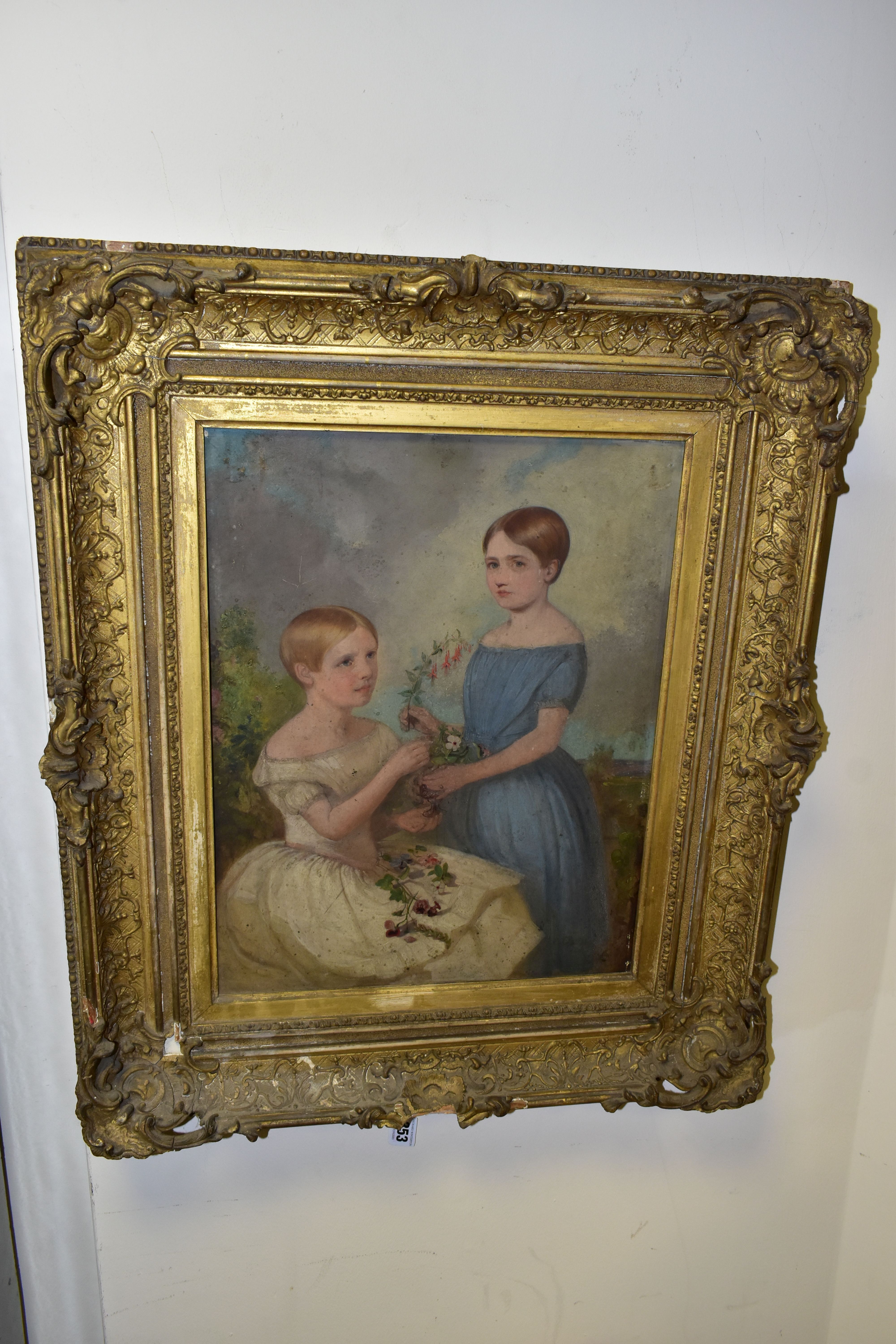 AN EARLY VICTORIAN PORTRAIT STUDY DEPICTING TWO YOUNG FIGURES, one is standing and wears a blue