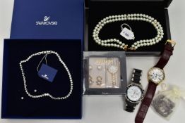 A SELECTION OF WATCHES AND COSTUME JEWELLERY, to include a cased Swaroski crystal necklace and ear