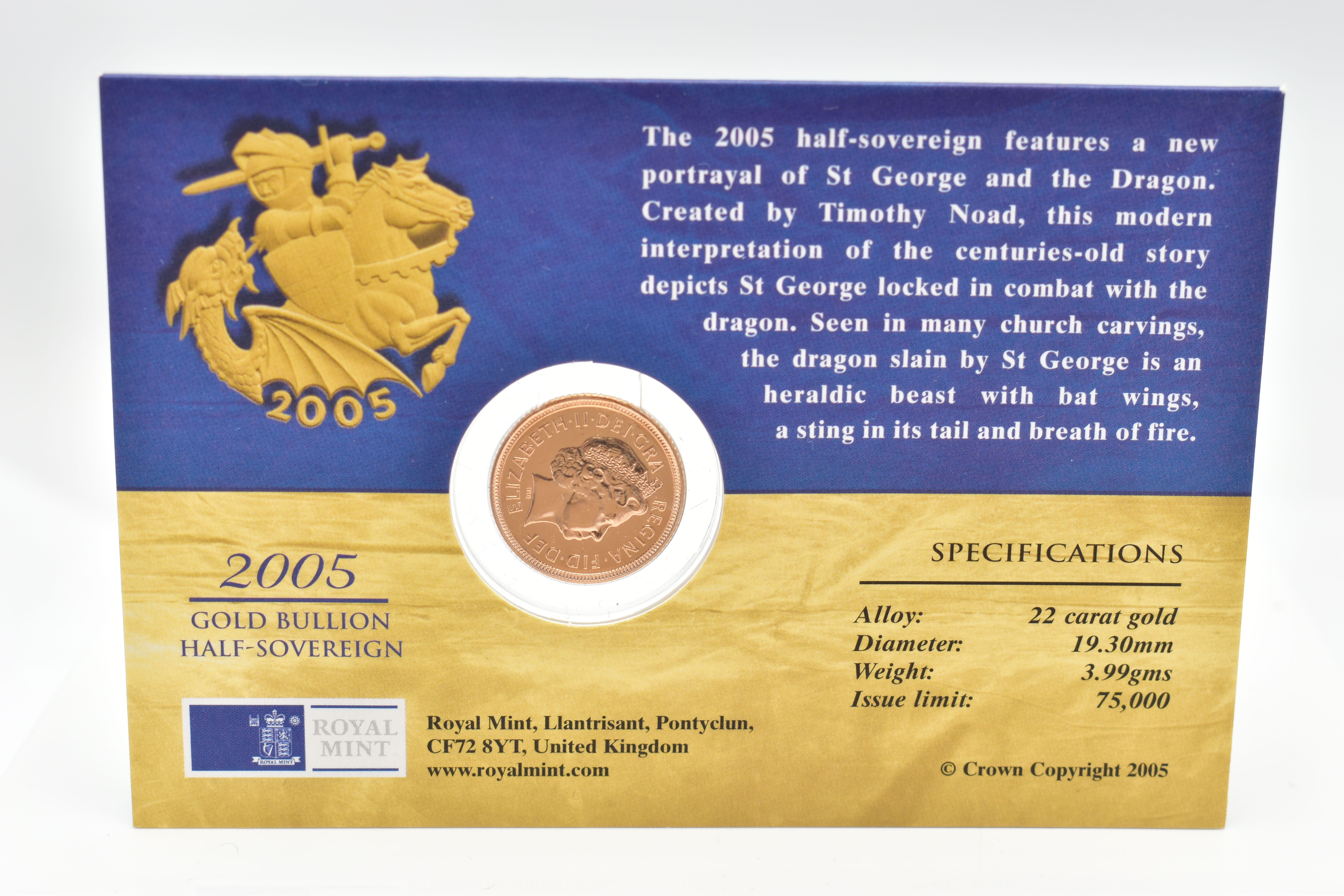 A ROYAL MINT CARDED 2005 GOLD BULLION HALF SOVEREIGN COIN, 19.3mm, 3.99 grams, issue limit 75,000, - Image 2 of 2