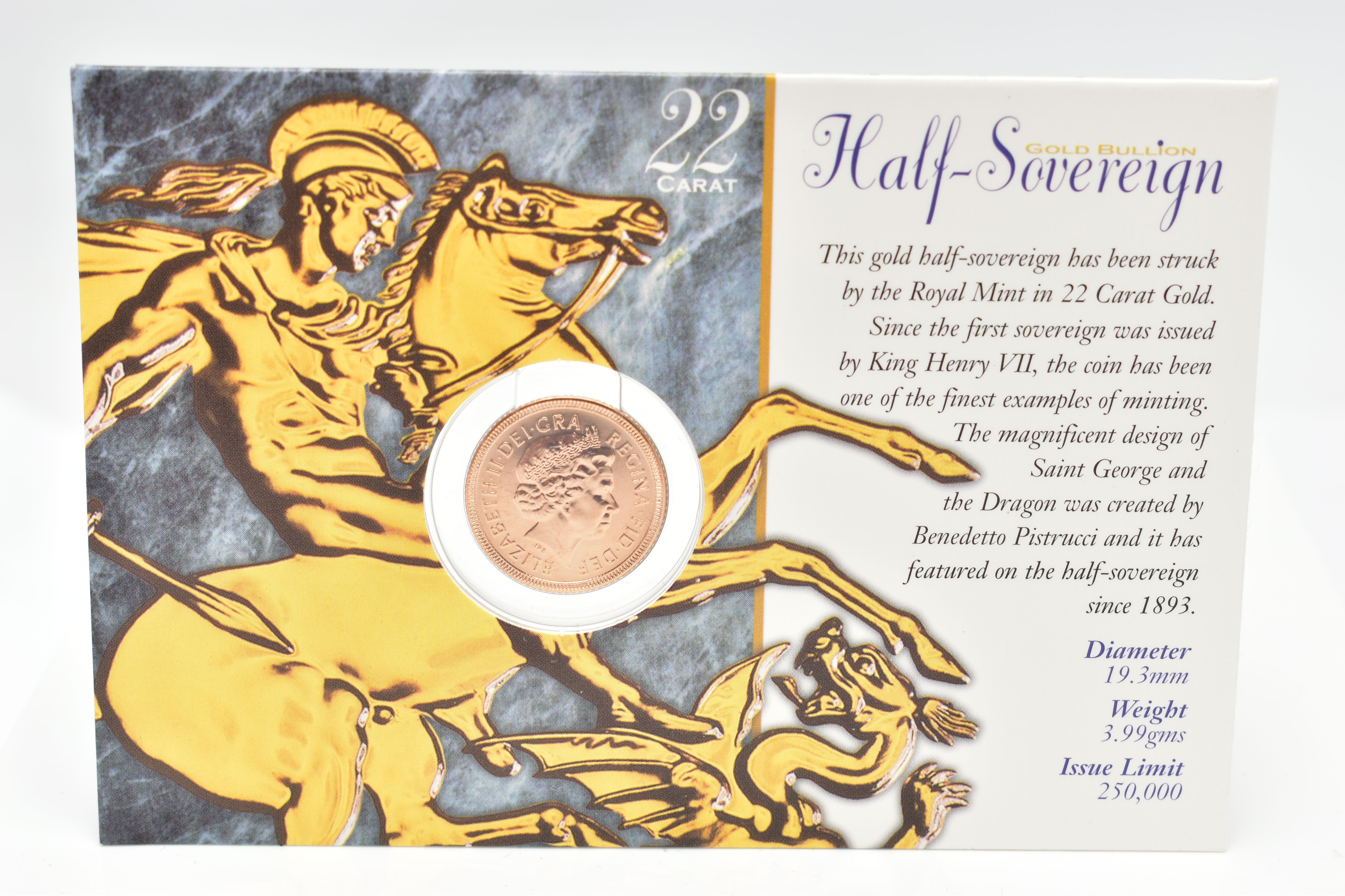 A ROYAL MINT CARDED 2000 GOLD BULLION HALF SOVEREIGN COIN, 19.3mm, 3.99 grams, issue limit 250,000 - Image 2 of 2
