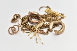 AN ASSORTMENT OF 9CT GOLD AND YELLOW METAL SCRAP, to include a single 9ct gold earring, hallmarked