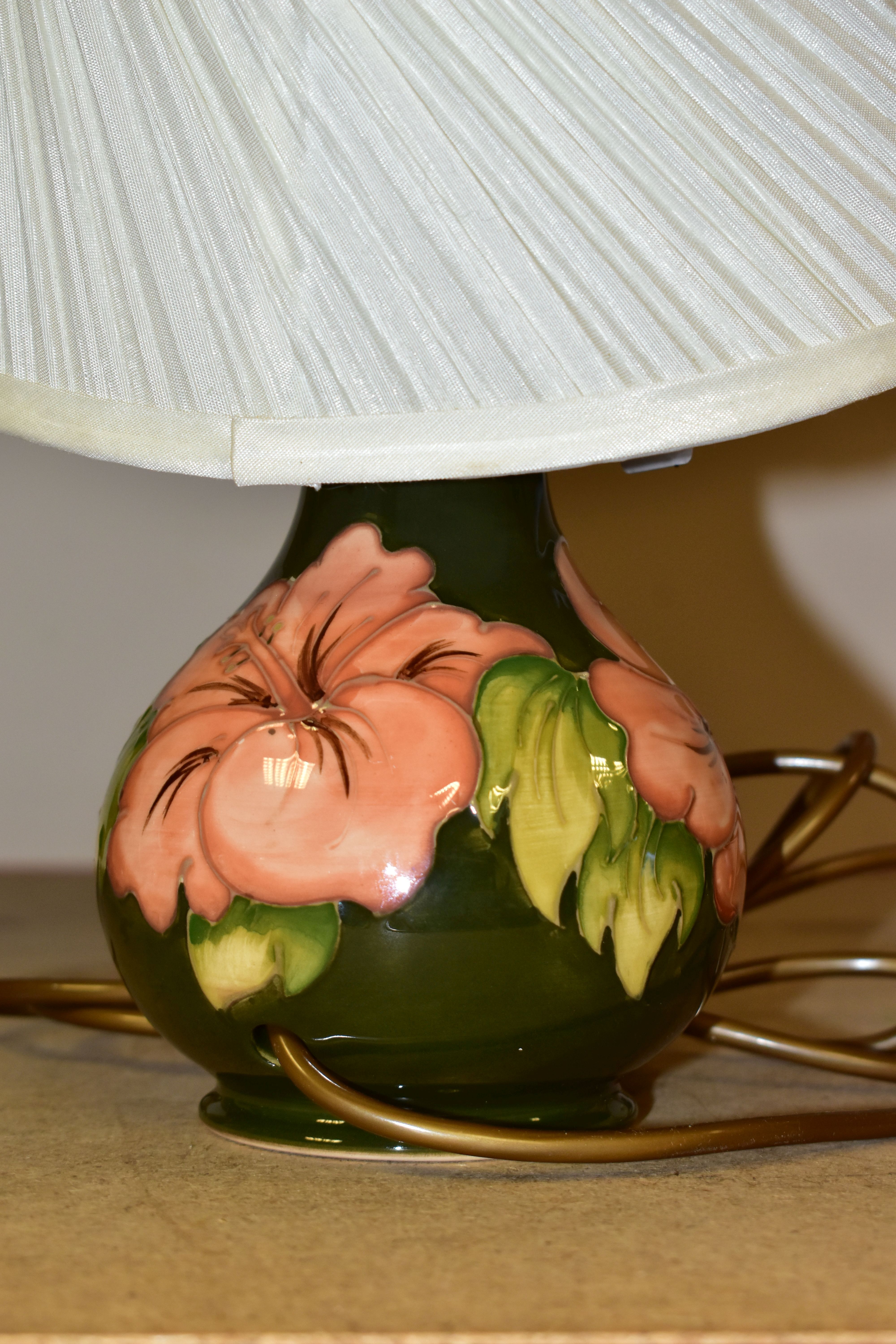 A MOORCROFT TABLE LAMP, decorated in the Coral Hibiscus pattern on a green ground with a cream - Image 4 of 4